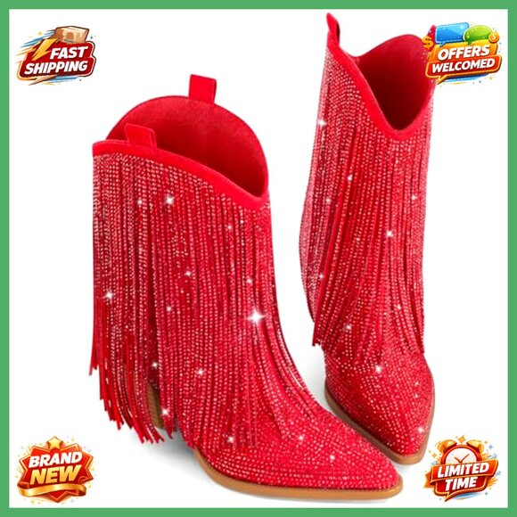 Cowboy Boots with Rhinestone Fringe Chunky Heel Pull-On Western Style - Picture 6 of 7